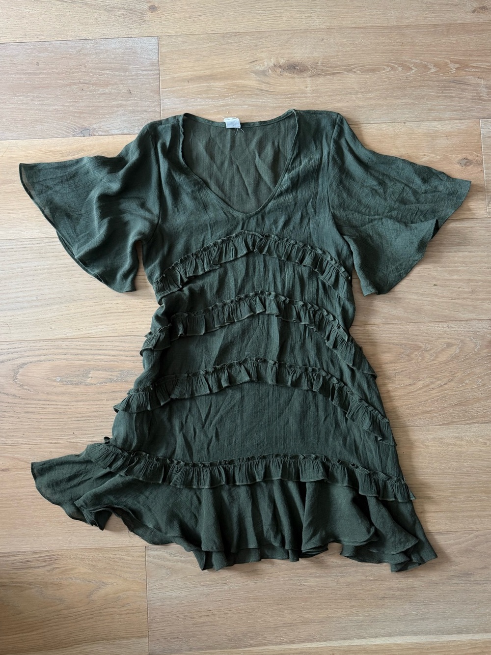 Olive Ruffle V-Neck Dress - Picture 2 of 5